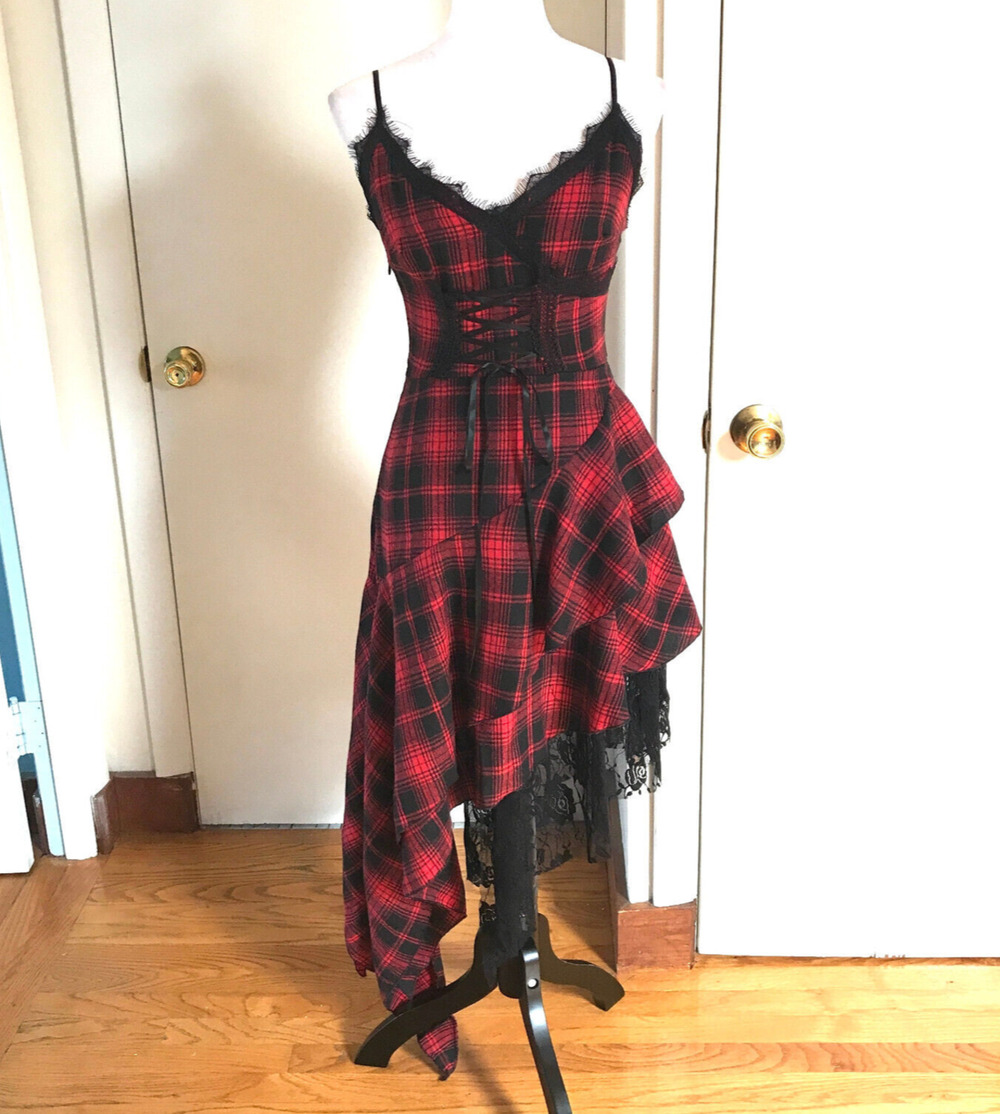 Punk Goth Visual Kei Red & Black Plaid Tartan Asymmetrical Hem Dress